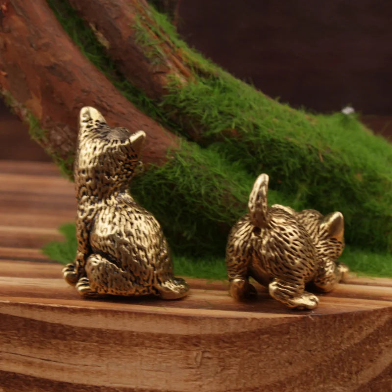 Handcrafted brass cat miniature for shelf decoration