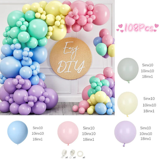A multicolor balloon garland kit shown with a large arch and smaller cluster decorations, plus a central gold sign reading 'Easy DIY'. The image includes size callouts for individual balloons and text reading '108Pcs' on a white background.
