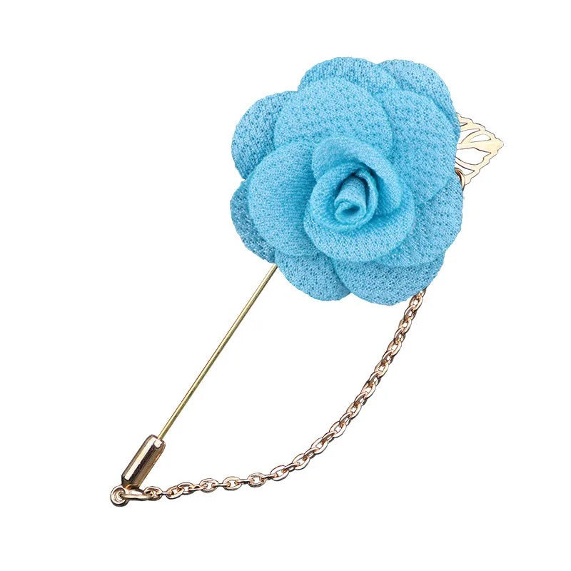 Sky flower shaped brooch with chain elegant fashion jewelry accessory on white background
