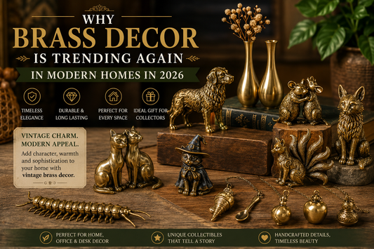 Why brass decor is trending again in modern homes featuring vintage brass figurines, fox statues, cat collectibles, dog ornaments, decorative vases, and unique home decor accessories