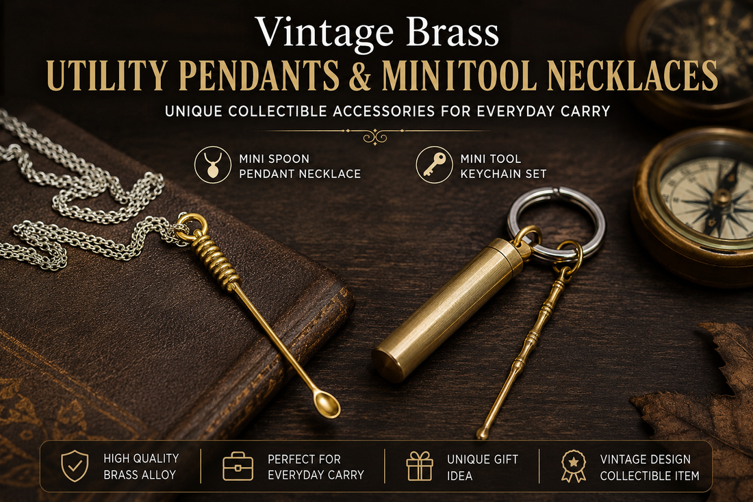 Vintage Brass Utility Pendants and Mini Tool Necklaces – Mini Spoon Pendant Necklace and Brass Keychain Set for Everyday Carry, Collectors and Unique Gift Ideas.