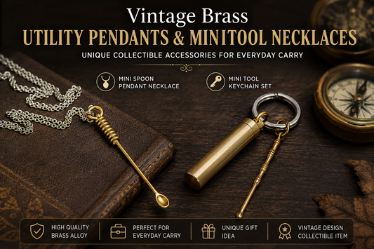 Vintage Brass Utility Pendants and Mini Tool Necklaces – Mini Spoon Pendant Necklace and Brass Keychain Set for Everyday Carry, Collectors and Unique Gift Ideas.