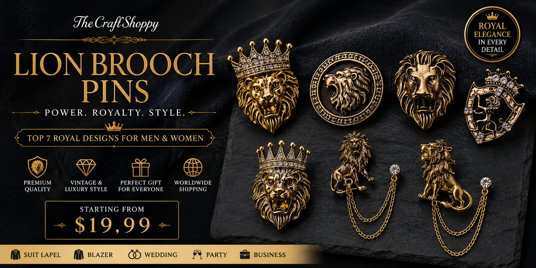 Royal Lion Brooch Collection featuring vintage lion head pins, crown lion brooches, crystal lapel badges and luxury chain brooch accessories for men and women starting from $19.99 at TheCraftShoppy.
