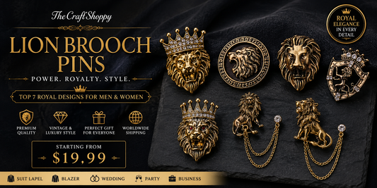 Royal Lion Brooch Collection featuring vintage lion head pins, crown lion brooches, crystal lapel badges and luxury chain brooch accessories for men and women starting from $19.99 at TheCraftShoppy.