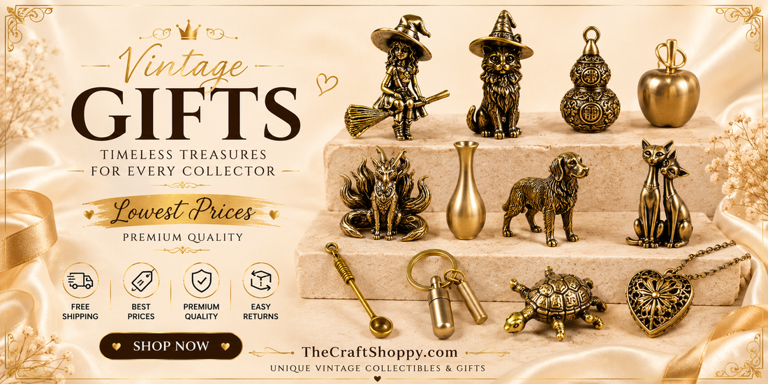 Vintage gifts banner showcasing premium brass figurines, collectible animal statues, mini vase ornaments, vintage pendants and unique home decor collectibles from TheCraftShoppy.com