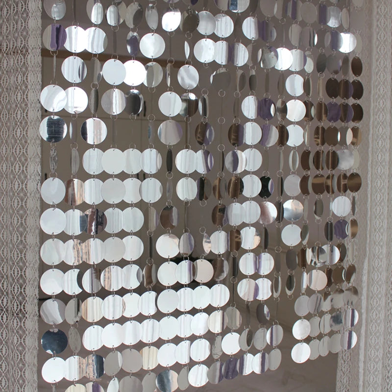 Luxury PVC Sequin Curtain Backdrop with reflective silver round disc sequins for wedding decoration, party backdrop, photo booth background and event styling.