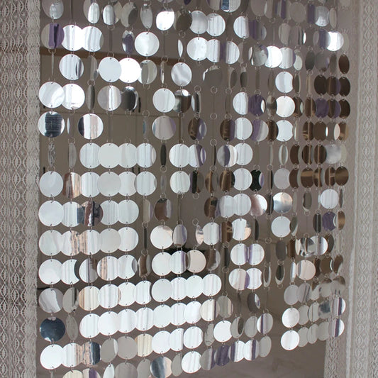 Luxury PVC Sequin Curtain Backdrop with reflective silver round disc sequins for wedding decoration, party backdrop, photo booth background and event styling.