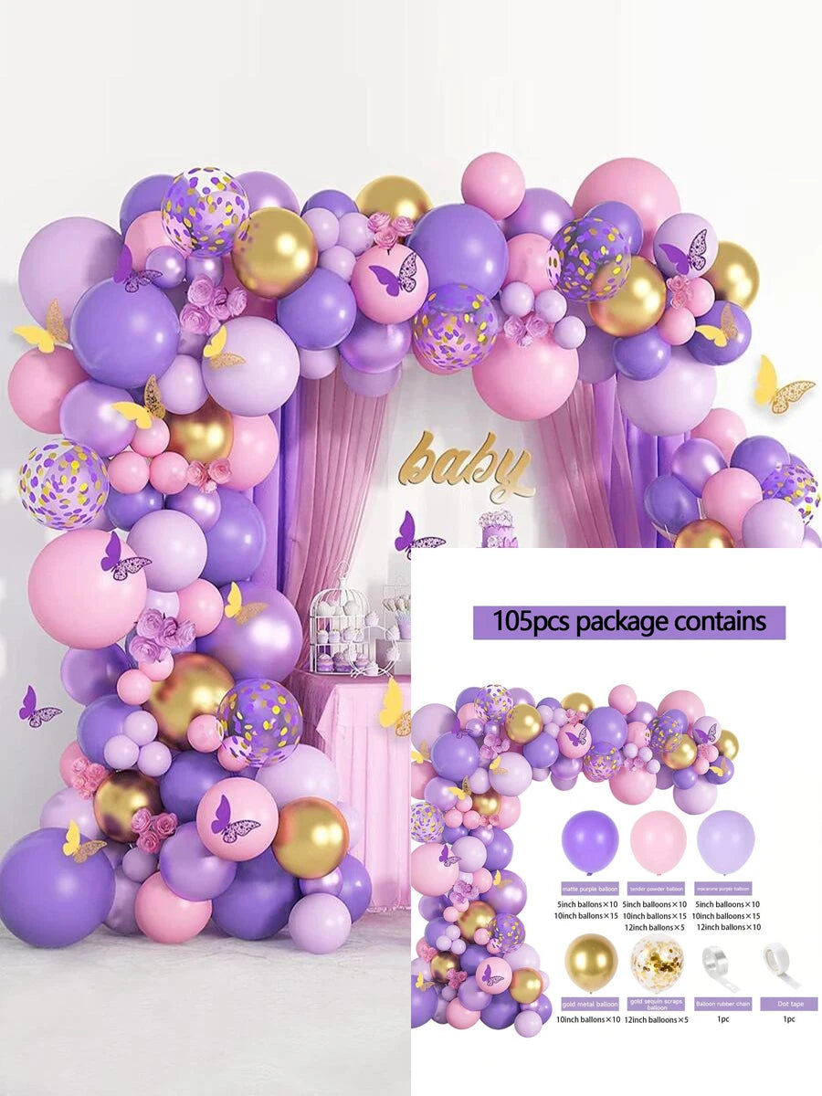Purple, pink, and gold balloon garland arch kit with butterfly decorations and a 'baby' backdrop, shown with a package contents inset on a white background.