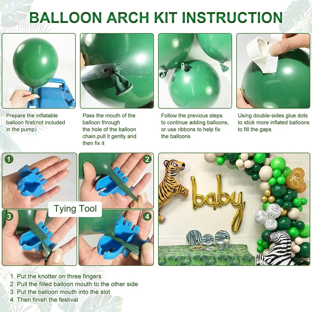 Balloon Arch Kit Instruction chart showing step-by-step balloon arch assembly with green balloons, a blue balloon pump, a blue balloon tying tool, and a decorated arch example.