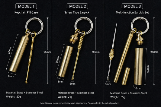 Size information chart for brass mini tool keychain showing Model 1, Model 2 and Model 3 dimensions