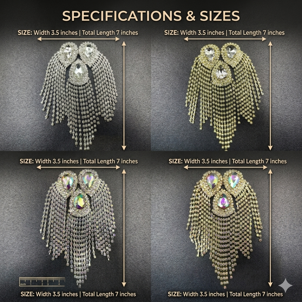 Luxury fringe tassel brooch pin with sparkling rhinestones close-up view with size