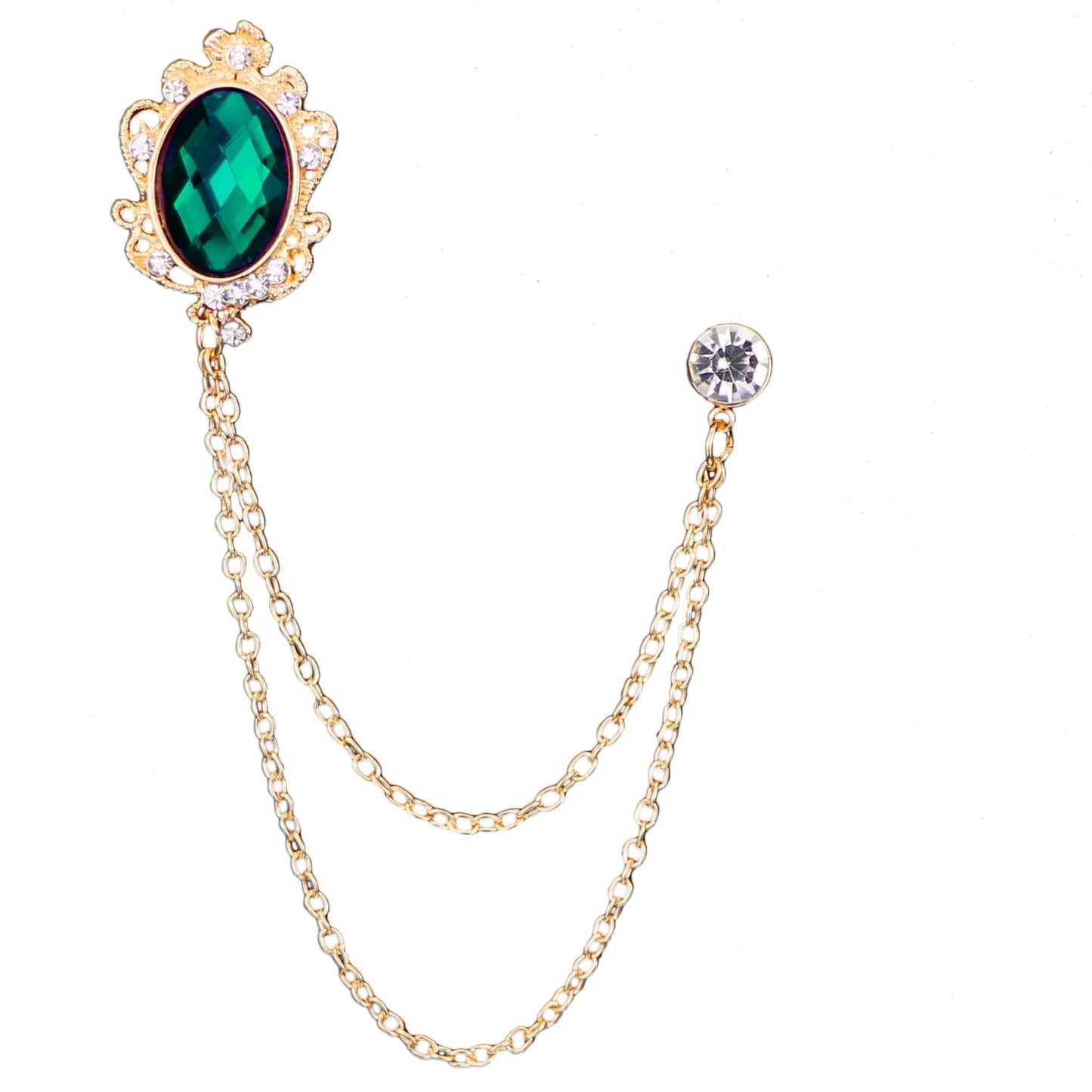 Jewelry set with green gemstone and gold chain on a white background