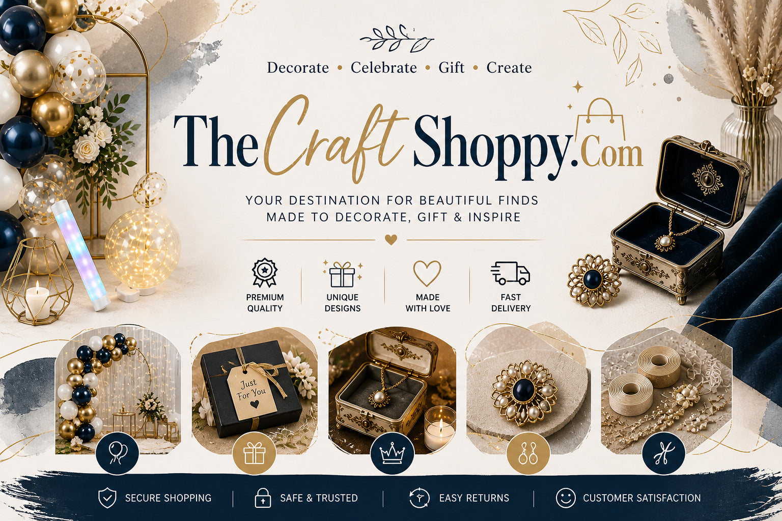 The Craft Shoppy website homepage with decorative items and branding elements.