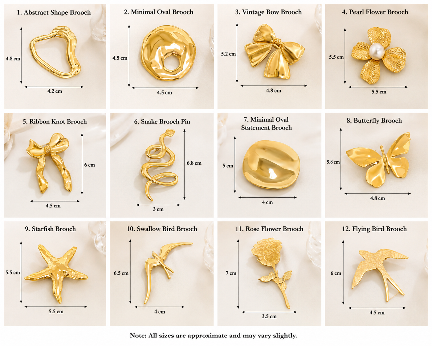 Collage of various gold brooches with measurements on a beige background
