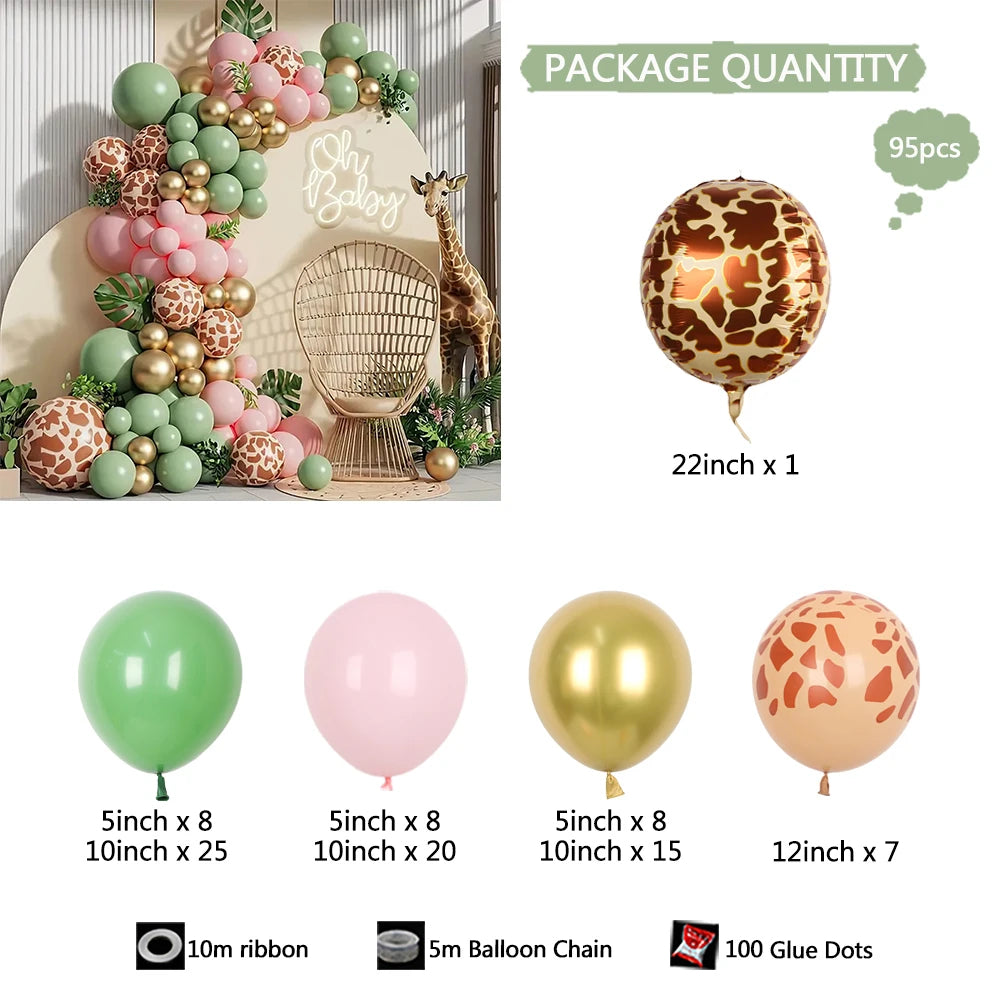 Giraffe-themed party decoration package containing 95 pieces of balloon garlands and balloons. The set includes green, pink, gold, and giraffe-patterned balloons in various sizes, along with a white arch backdrop, a gold wire chair, a giraffe figurine, and a 'Sir Giraffe' sign.