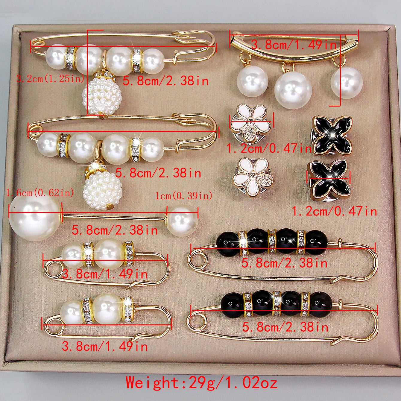 Pearl brooch pin set with size measurement details on beige background