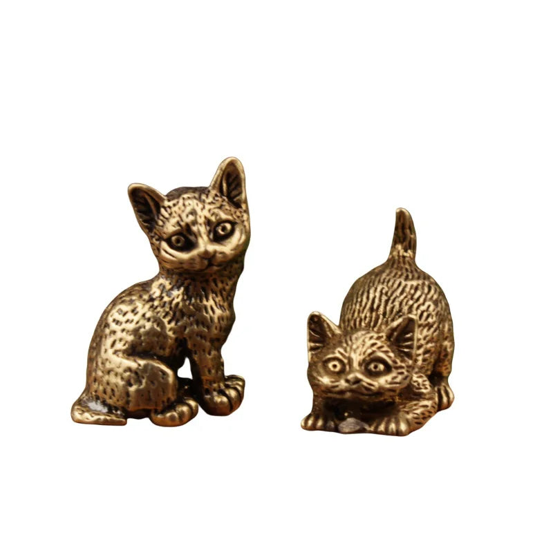 Mini brass kitten statue with antique finish