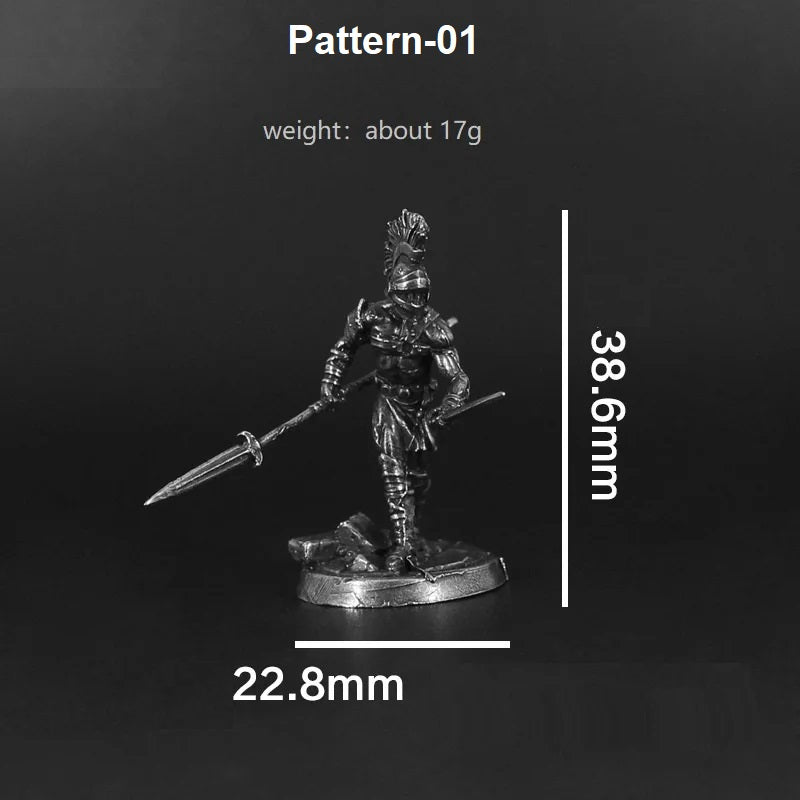 Metal figurine of a warrior with measurements on a black background