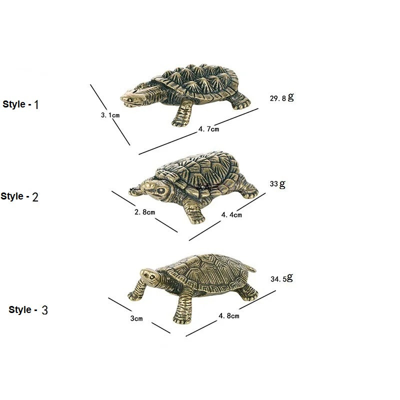 Three styles of turtle figurines with measurements and weights on a white background