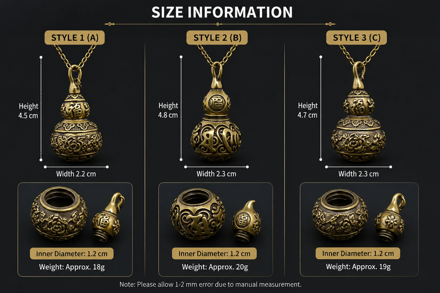 Size information chart for vintage gourd urn pendant necklace displaying Style 1, Style 2, and Style 3 measurements with antique bronze storage pendant designs 