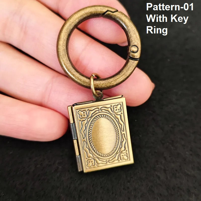 Antique bronze photo locket keychain with openable design