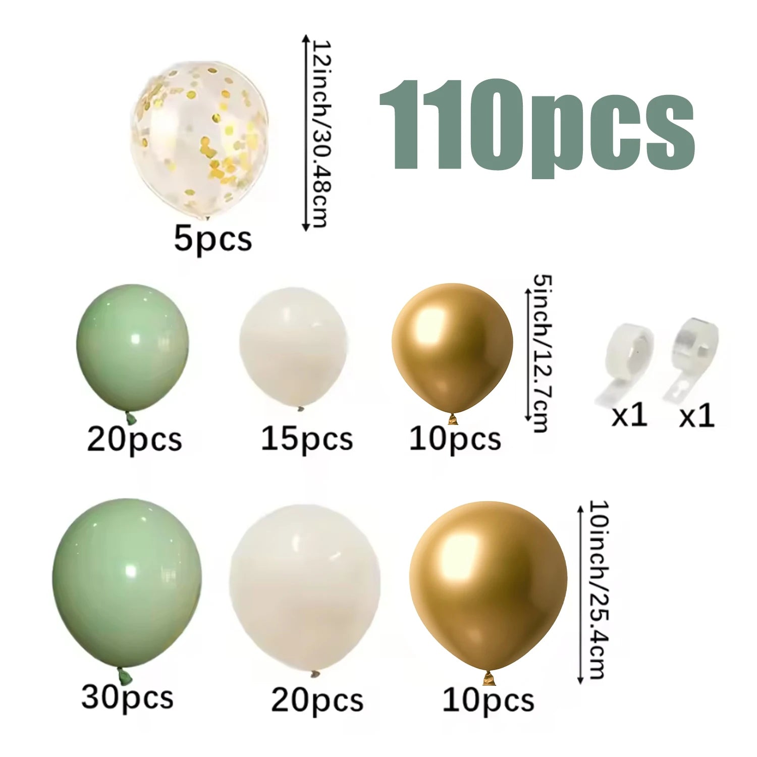 Party balloon set graphic showing 110 pieces total: five clear balloons with gold confetti, five mint green balloons, fifteen white balloons, ten metallic gold balloons, and two clear balloon bands. Sizes and piece counts are labeled on a white background.