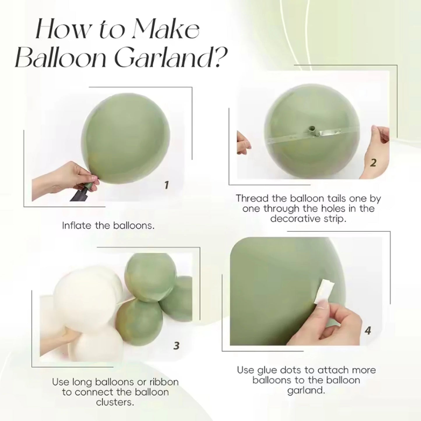 Instructional graphic titled 'How to Make Balloon Garland?' showing four numbered steps with hands demonstrating how to inflate balloons, thread the tails, connect balloon clusters, and apply glue dots.
