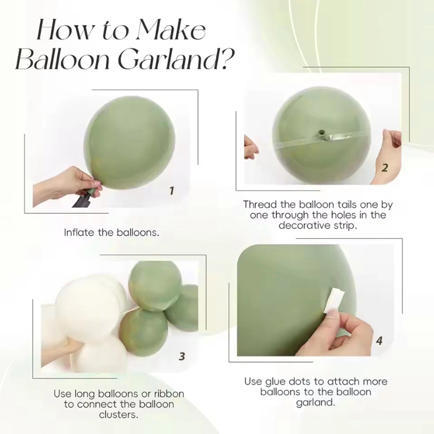 Instructional graphic titled 'How to Make Balloon Garland?' showing four numbered steps with hands demonstrating how to inflate balloons, thread the tails, connect balloon clusters, and apply glue dots.