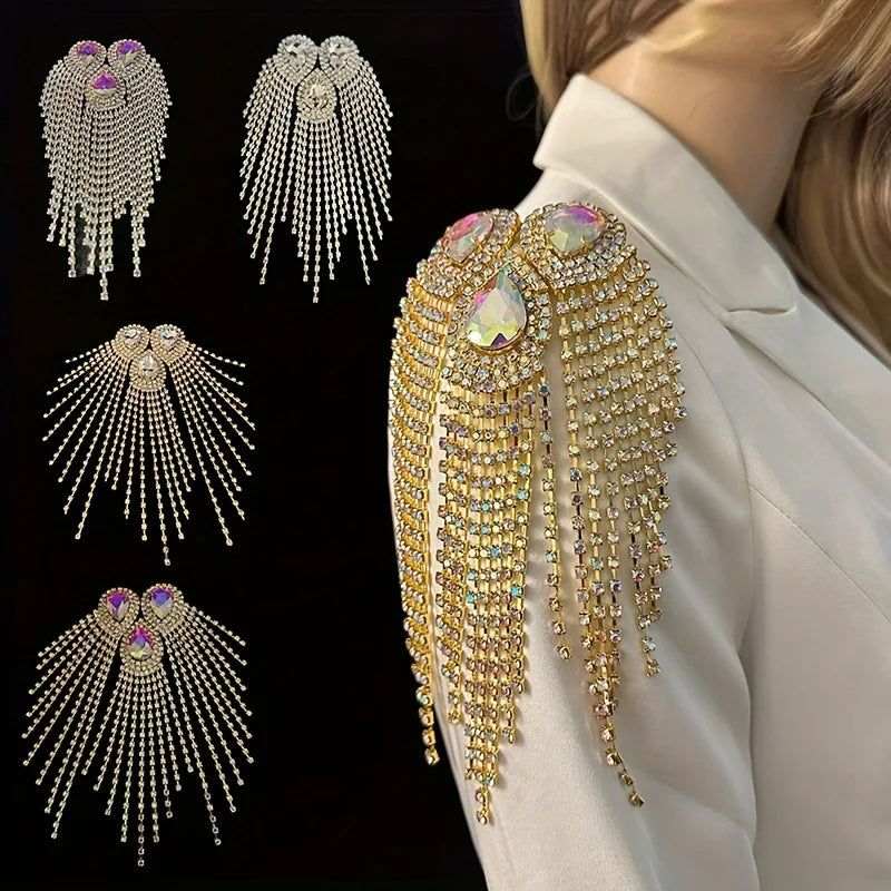 Luxury bead tassel chain shoulder brooch with rhinestones on elegant outfit