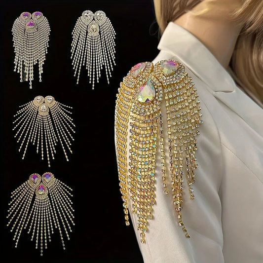Luxury bead tassel chain shoulder brooch with rhinestones on elegant outfit