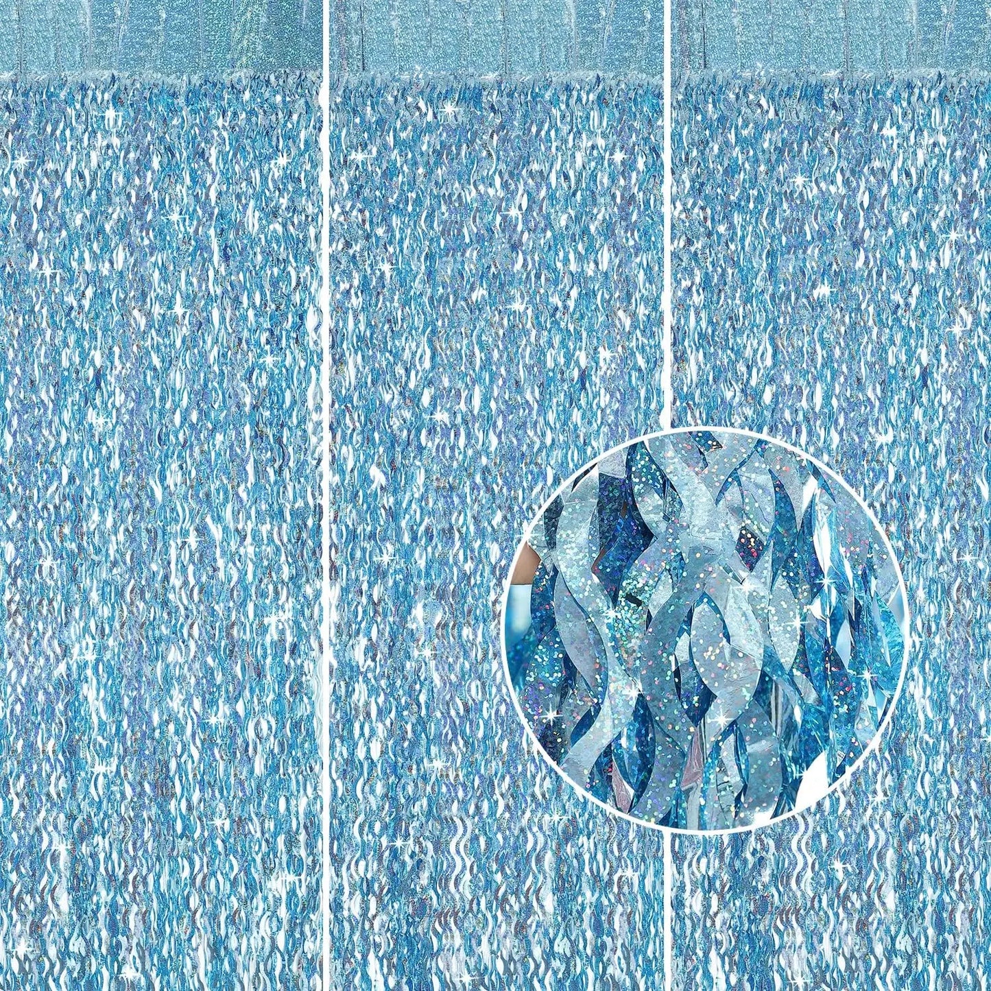 Blue fringe curtain with decoration tips on a white background