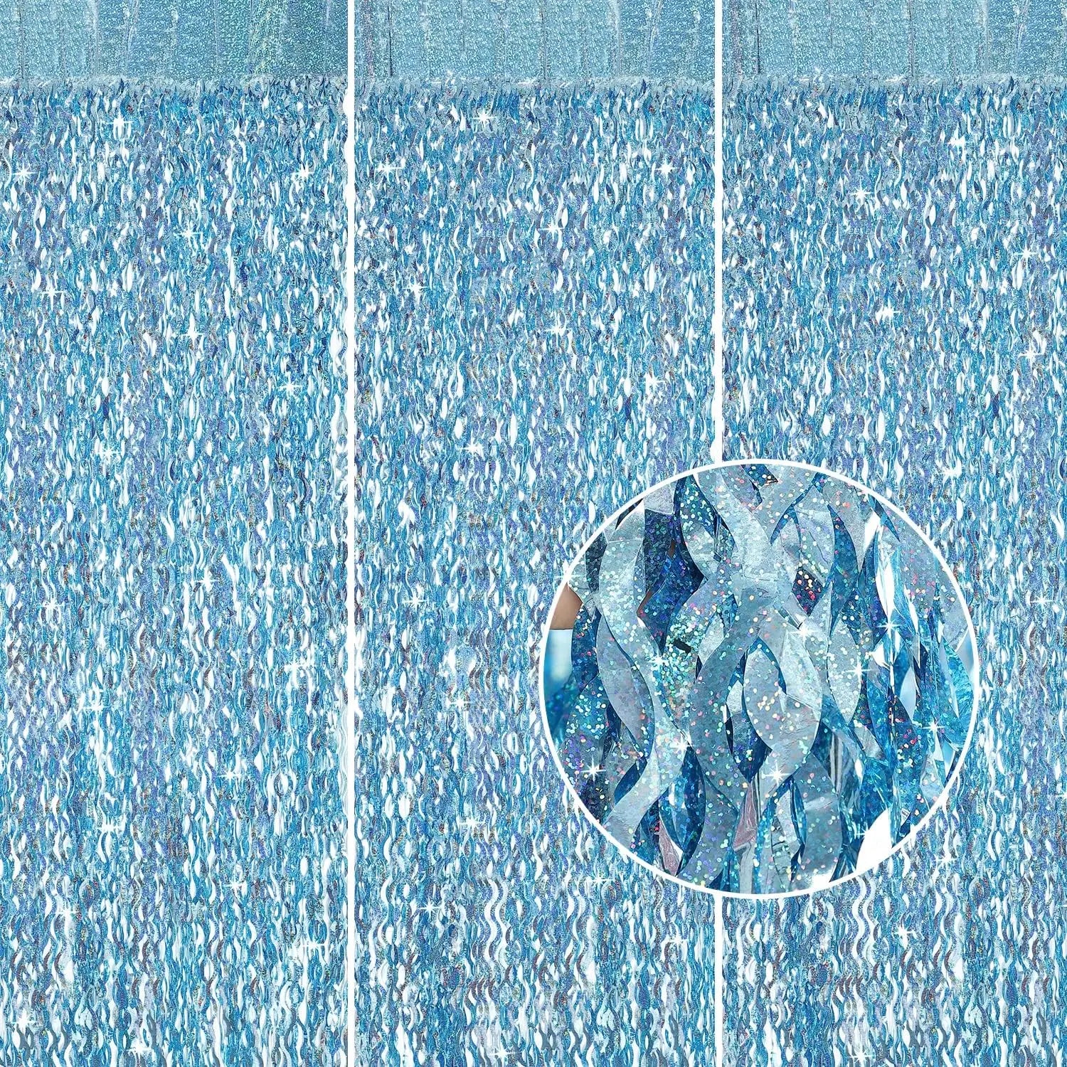 Blue fringe curtain with decoration tips on a white background