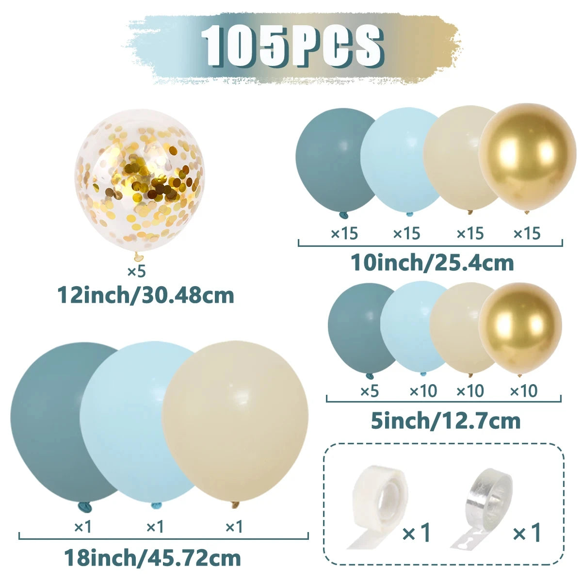105-piece party balloon set with size and quantity labels, showing matte teal, light blue, cream, and metallic gold balloons, plus tape rolls, on a white background.