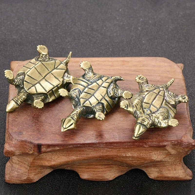 Three brass turtle figurines on a wooden stand against a dark background