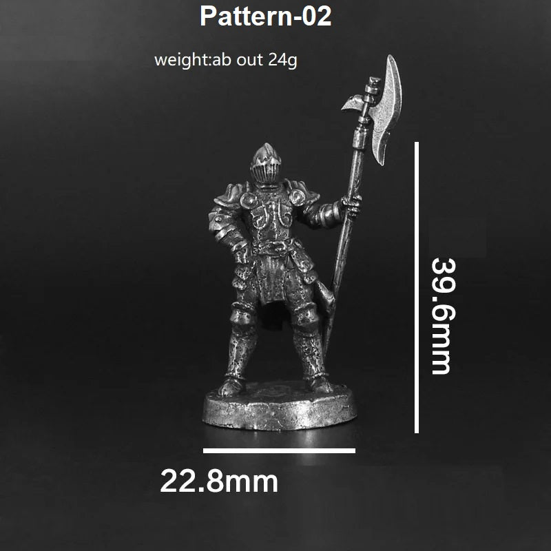 Metal figurine of a warrior with measurements on a black background