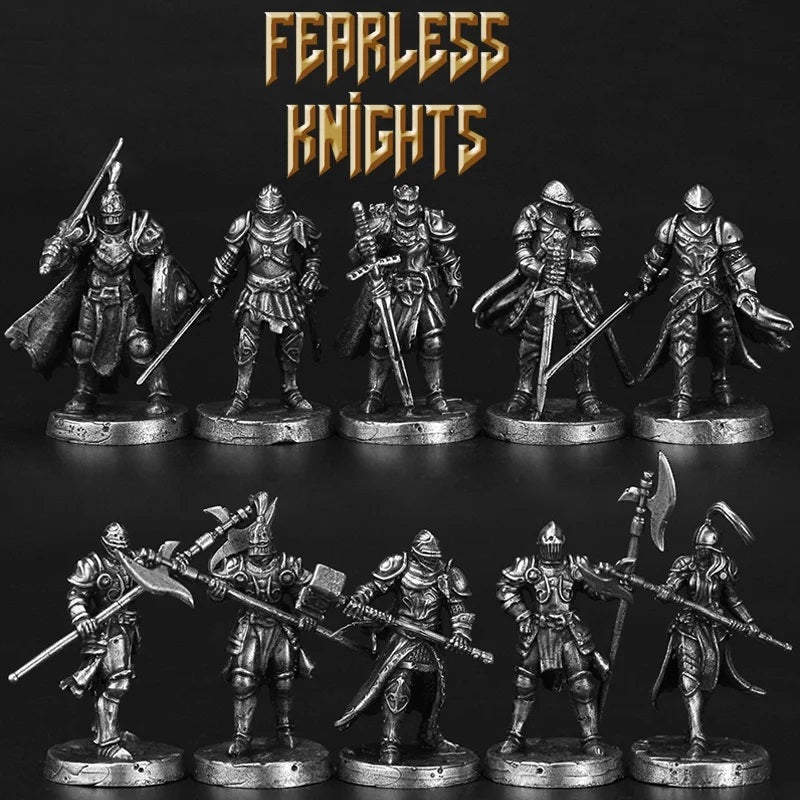 Set of metallic figurines of knights with 'Fearless Knights' text above.
