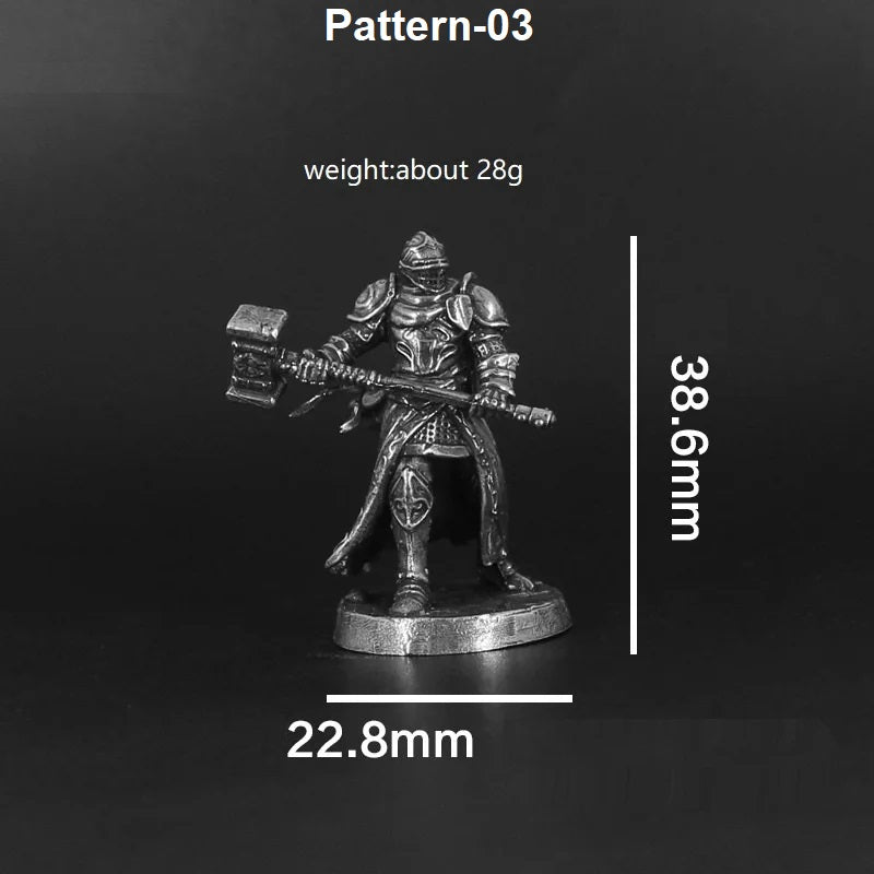Metal figurine of a warrior with measurements on a dark background