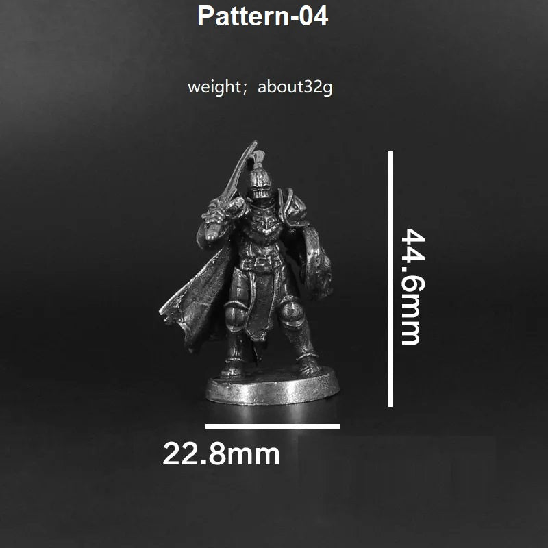 Miniature figurine with measurements on a dark background
