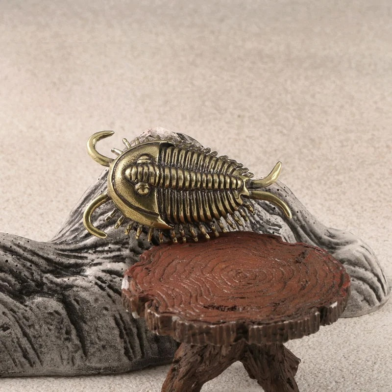 Antique Brass Trilobite Statue on Natural Stone and Wooden Base