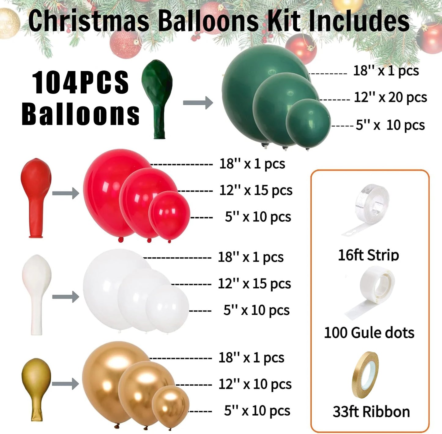 A product information graphic for a Christmas Balloons Kit showing included balloon colors and quantities: green, red, white, and gold balloons in 18-inch, 12-inch, and 5-inch sizes, plus a ribbon and gule dot package. Text reads '104 Pieces Balloons' and 'Christmas Balloons Kit Includes.