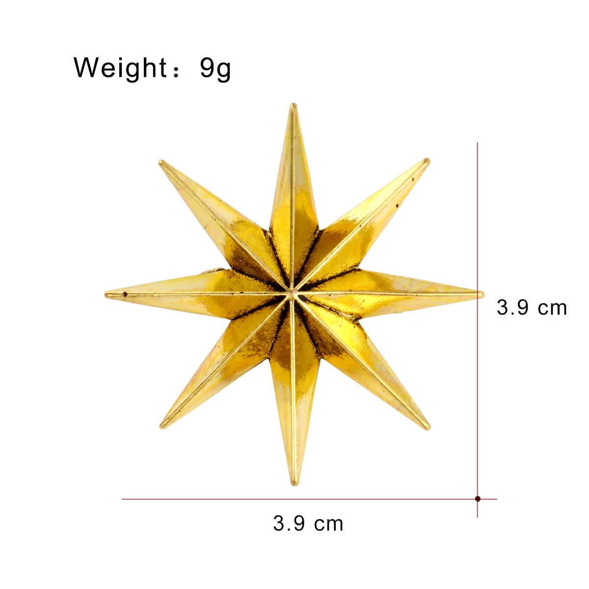 Gold star brooch with weight and size measurement details