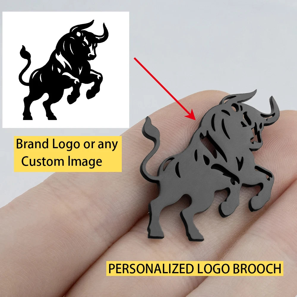 Personalized logo brooch of a charging bull on a finger with brand logo or custom image inset.