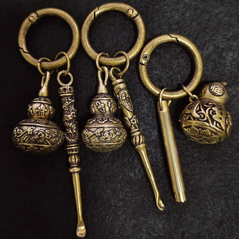 Retro brass keychain collection with mini tool pendants