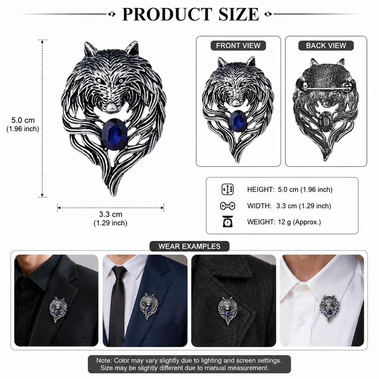 Silver wolf head brooch with blue gemstone on white background