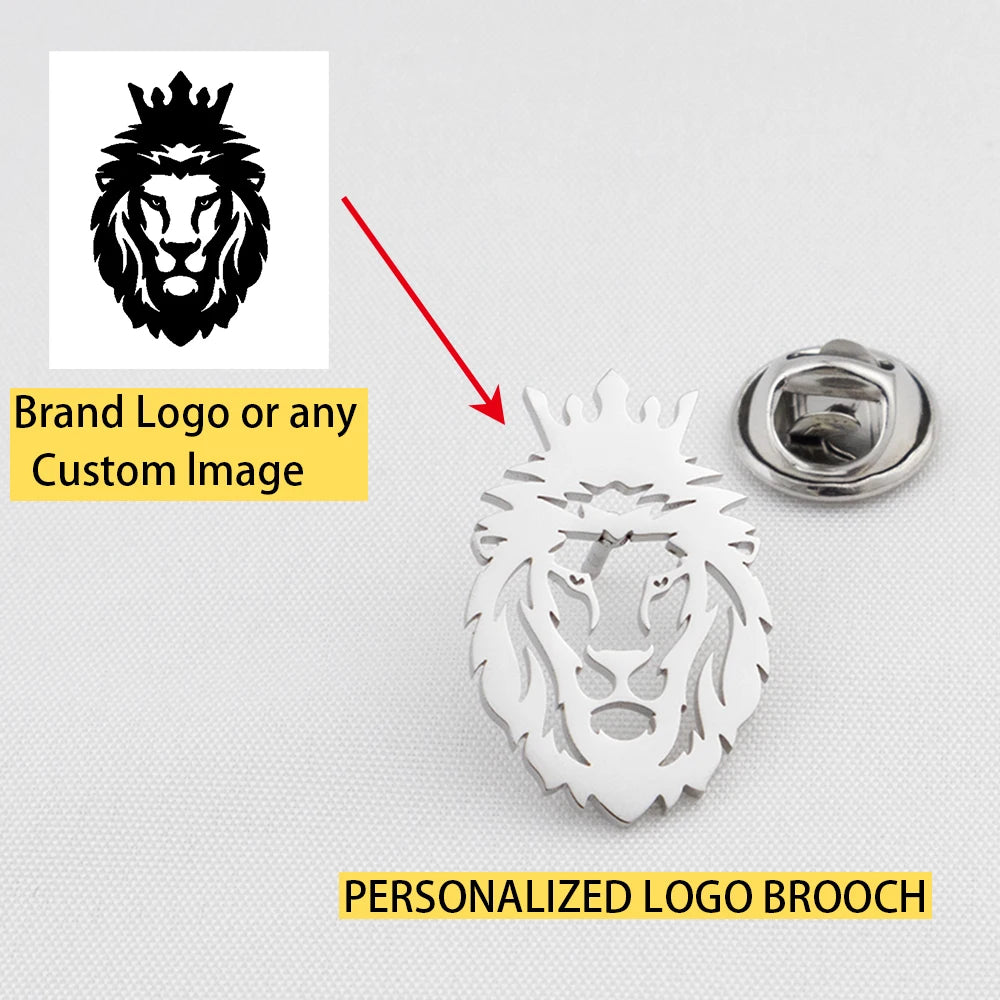 Silver lion-shaped personalized logo brooch with a brand logo or custom image placeholder on a white background.