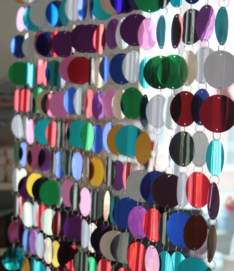 Colorful sequin curtain with multicolored circular beads