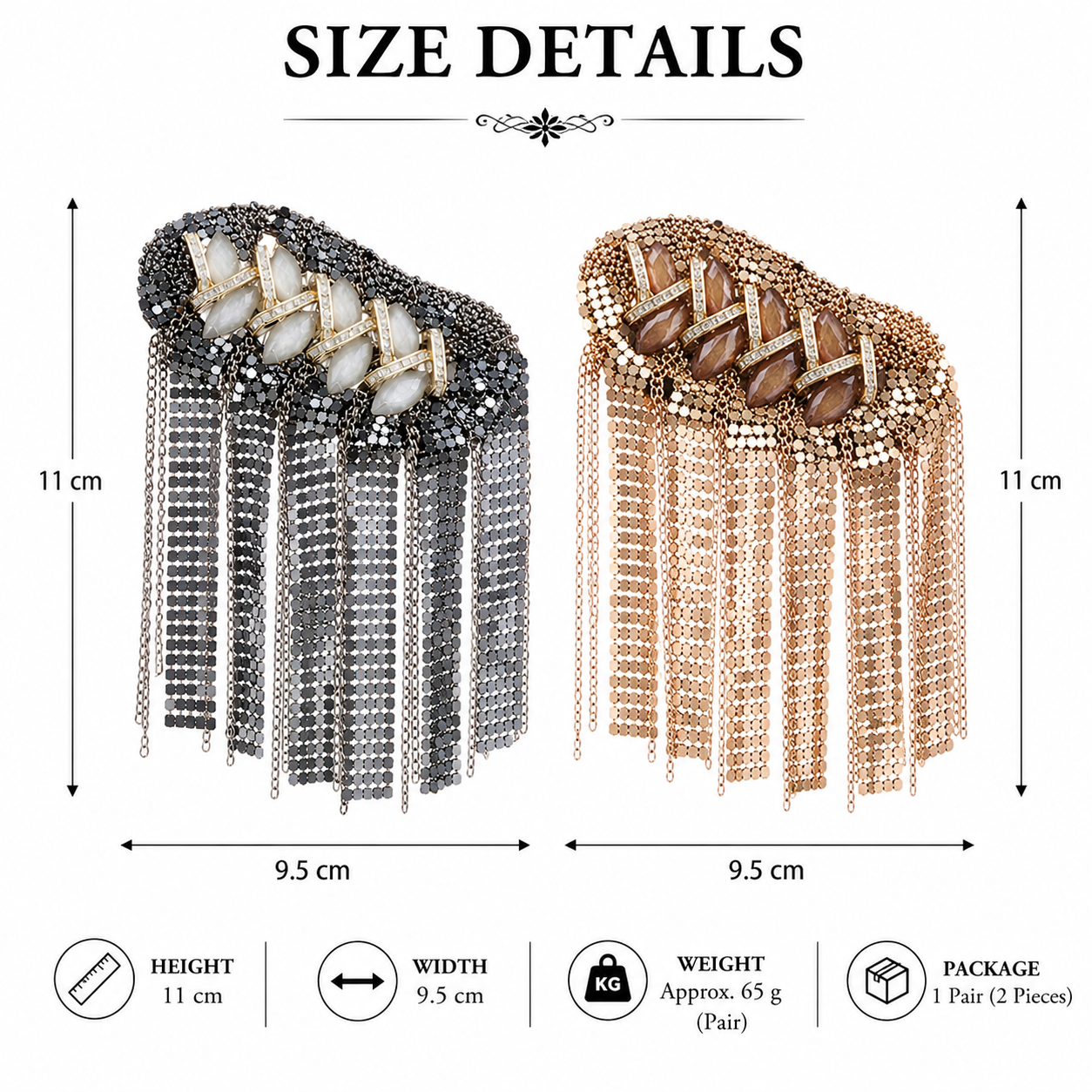Size chart of decorative shoulder epaulettes showing dimensions, weight and package details.