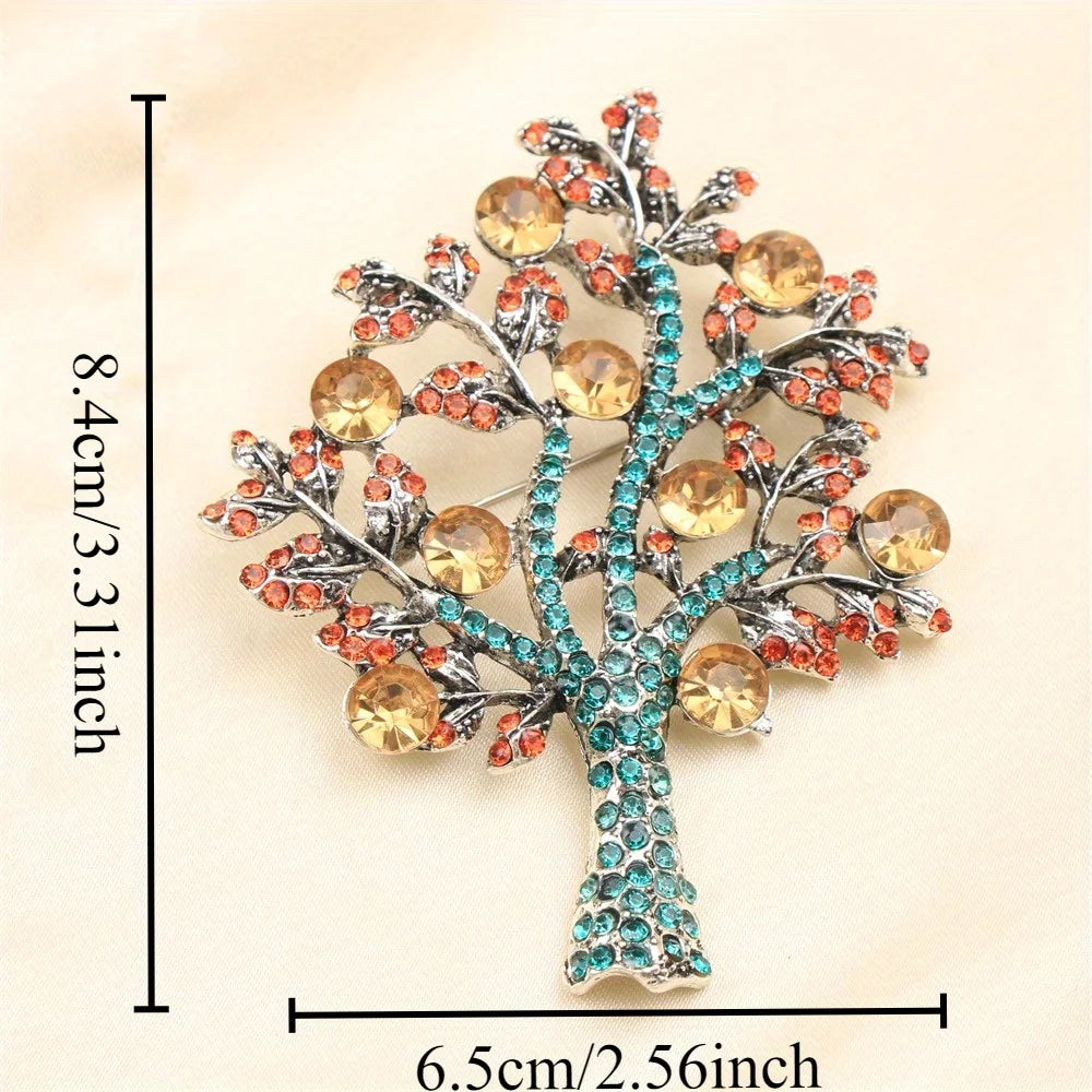 Baroque tree brooch with gemstone detailing and size measurements