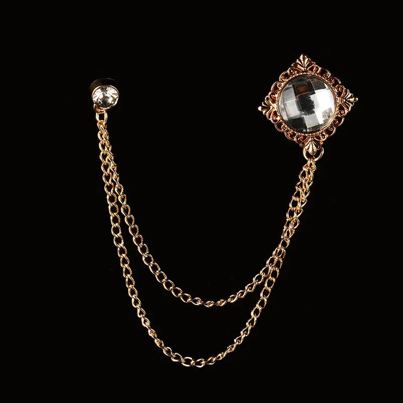 Luxury gold chain lapel brooch with gemstone detail