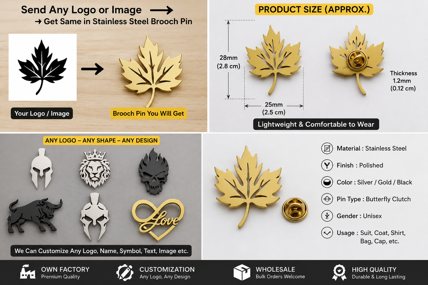 Product advertisement for customizable stainless steel brooch pins with leaf design, size chart, and customization options.